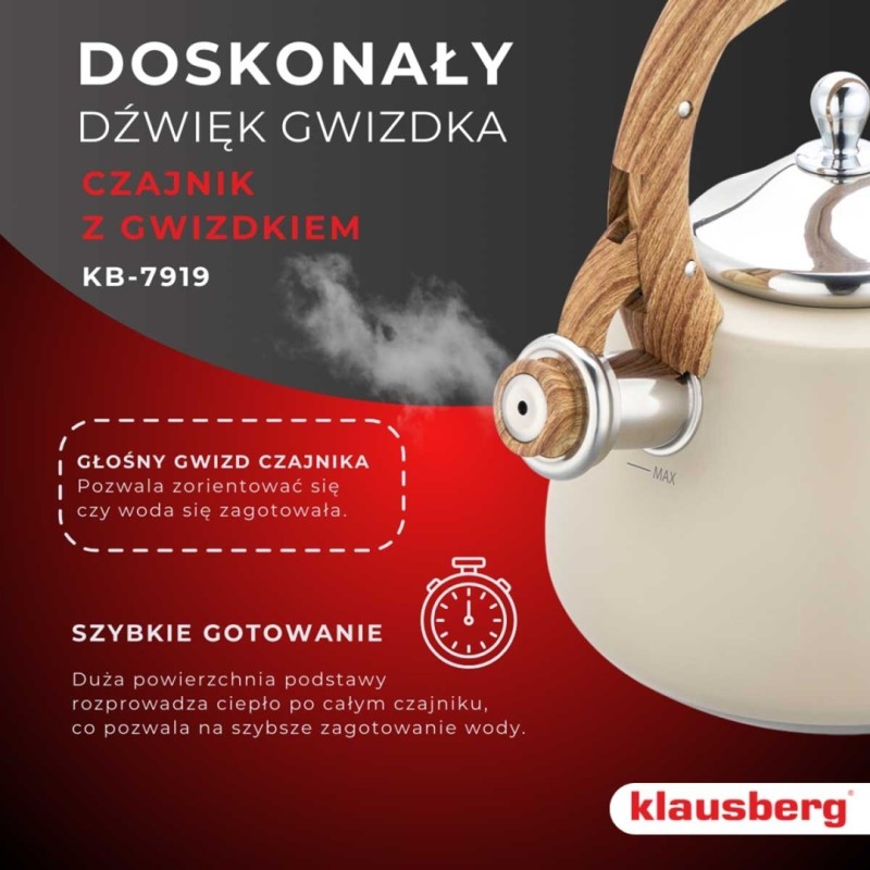 Czajnik stalowy z gwizdkiem 2,8L KLAUSBERG beżowy
