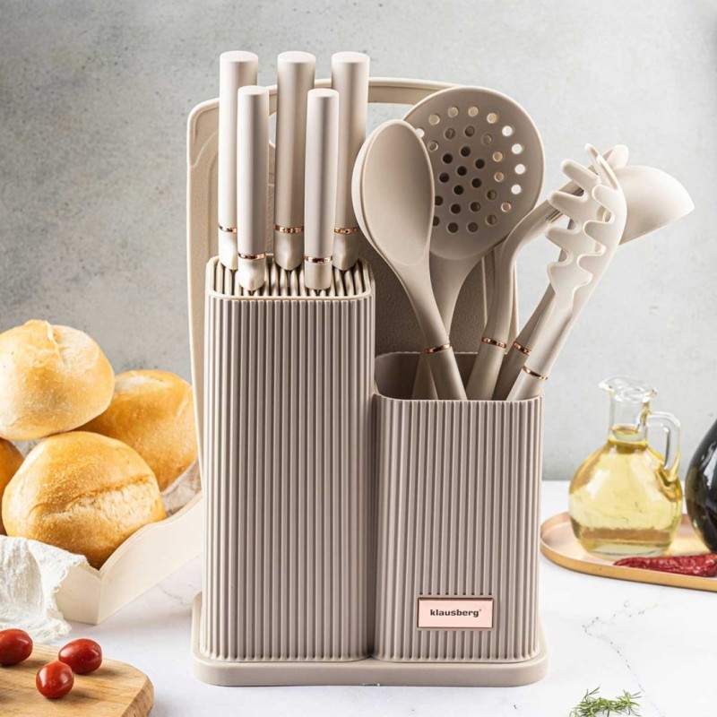 Zestaw noży i przyborów kuchennych z deską w stojaku KLAUSBERG szary