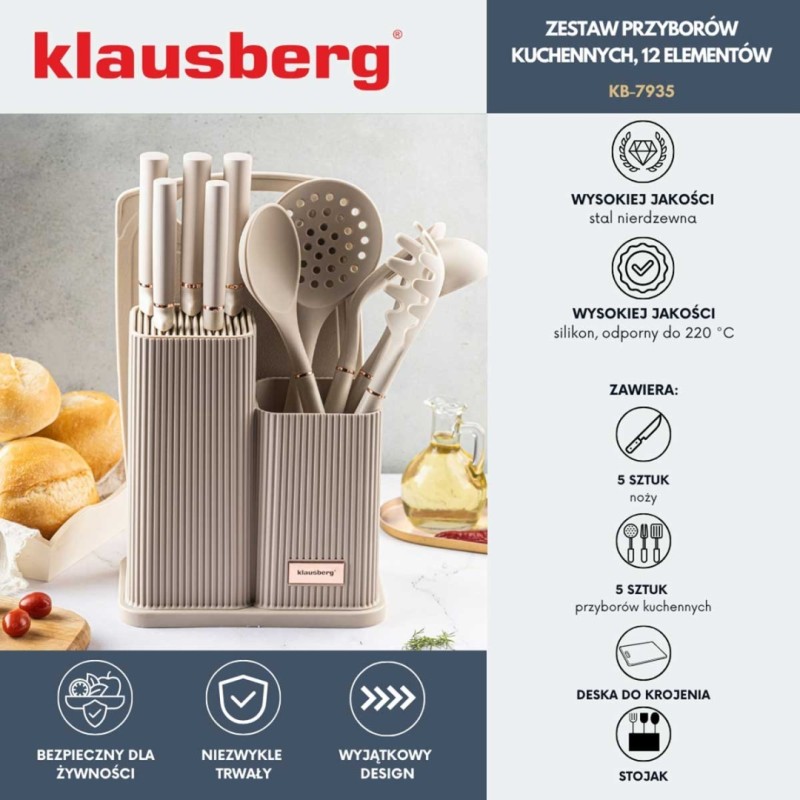 Zestaw noży i przyborów kuchennych z deską w stojaku KLAUSBERG szary