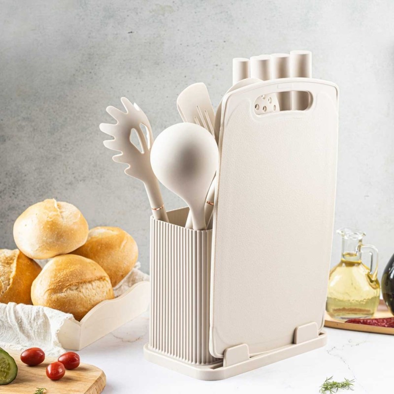 Zestaw noży i przyborów kuchennych z deską w stojaku KLAUSBERG szary