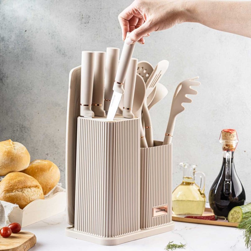 Zestaw noży i przyborów kuchennych z deską w stojaku KLAUSBERG szary