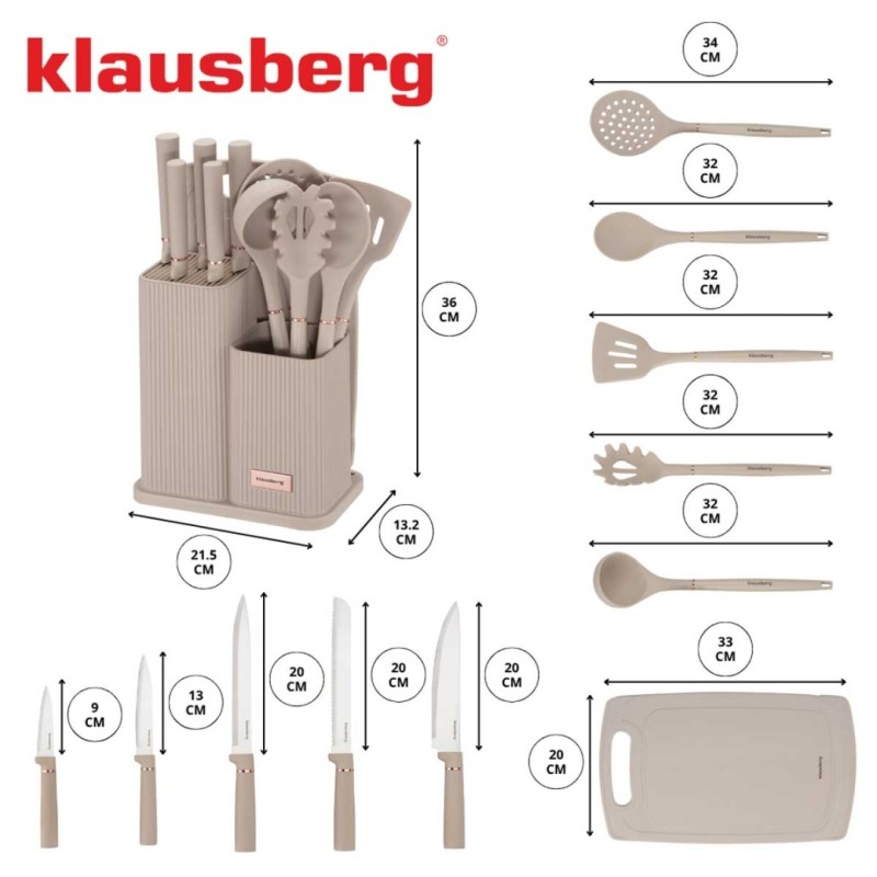 Zestaw noży i przyborów kuchennych z deską w stojaku KLAUSBERG szary