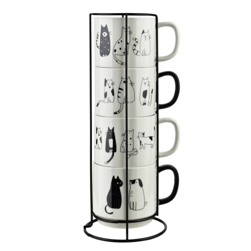 Komplet 4 kubków porcelanowych na stojaku 370ml z kotkami COTTELLO