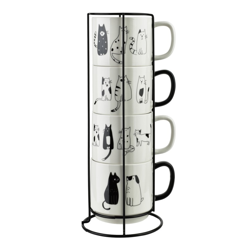 Komplet 4 kubków porcelanowych na stojaku 370ml z kotkami COTTELLO