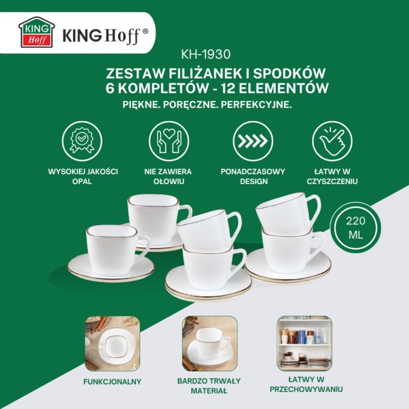 Zestaw kawowy 6 filiżanek ze spodkami KINGHOFF OPAL i złotą obwódką