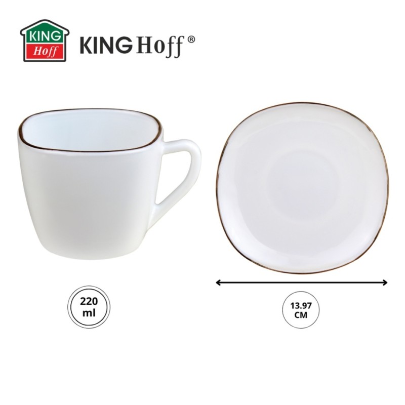 Zestaw kawowy 6 filiżanek ze spodkami KINGHOFF OPAL i złotą obwódką