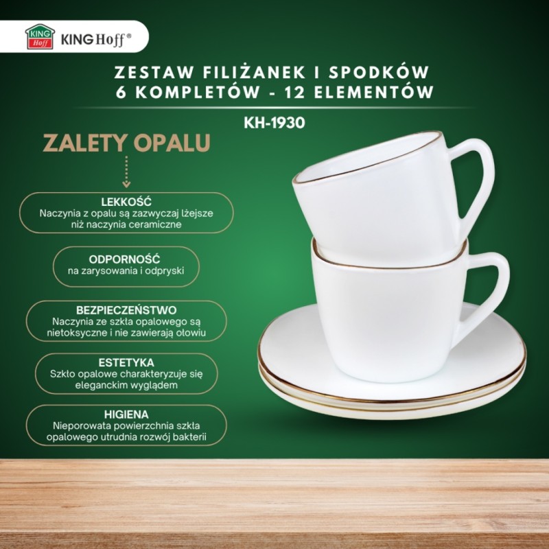 Zestaw kawowy 6 filiżanek ze spodkami KINGHOFF OPAL i złotą obwódką