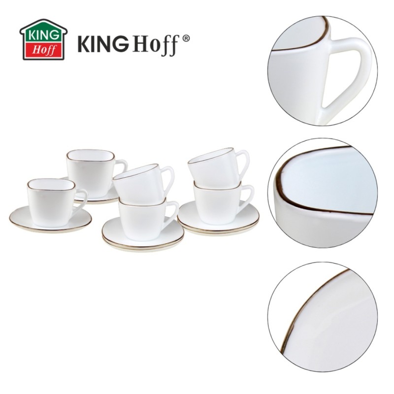 Zestaw kawowy 6 filiżanek ze spodkami KINGHOFF OPAL i złotą obwódką