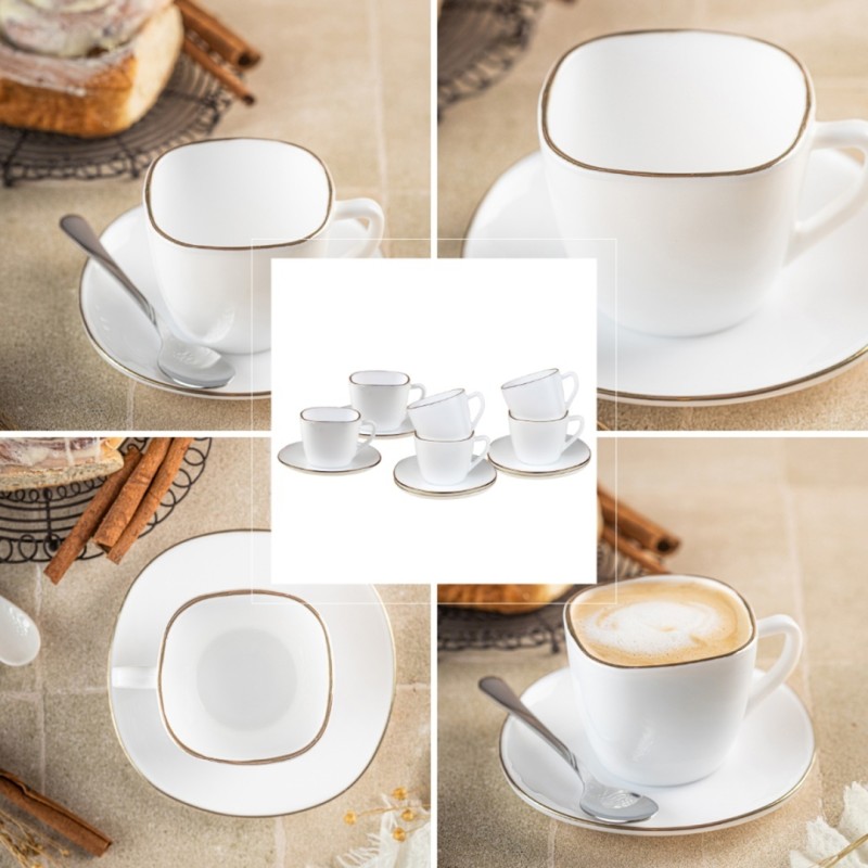 Zestaw kawowy 6 filiżanek ze spodkami KINGHOFF OPAL i złotą obwódką