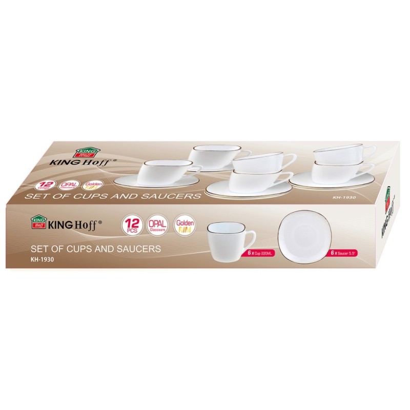 Zestaw kawowy 6 filiżanek ze spodkami KINGHOFF OPAL i złotą obwódką