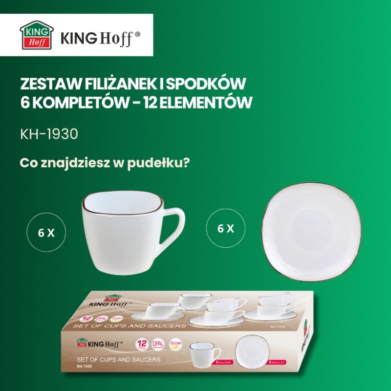 Zestaw kawowy 6 filiżanek ze spodkami KINGHOFF OPAL i złotą obwódką
