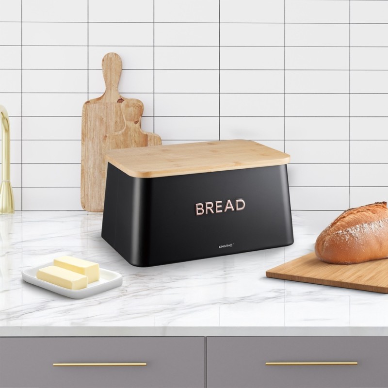 Chlebak stalowy 35x23x18 cm z deską do krojenia KINGHOFF czarny