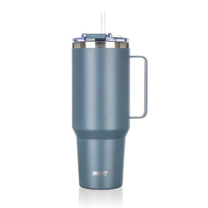 Kubek termiczny z rączką i słomką stalowy 1200ml BANQUET TWAIN SZARY