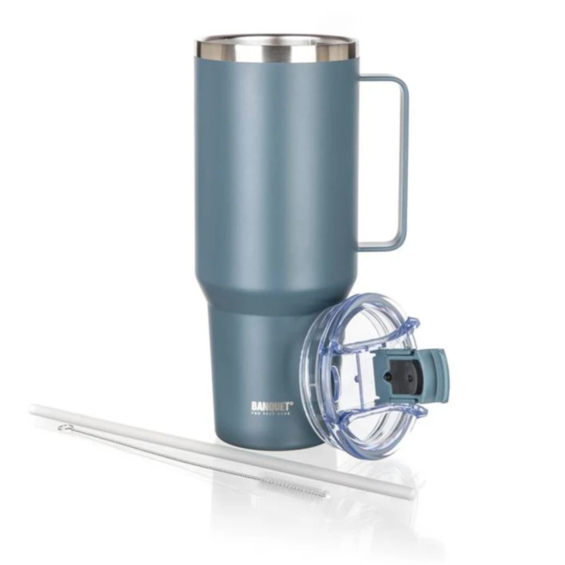Kubek termiczny z rączką i słomką stalowy 1200ml BANQUET TWAIN SZARY