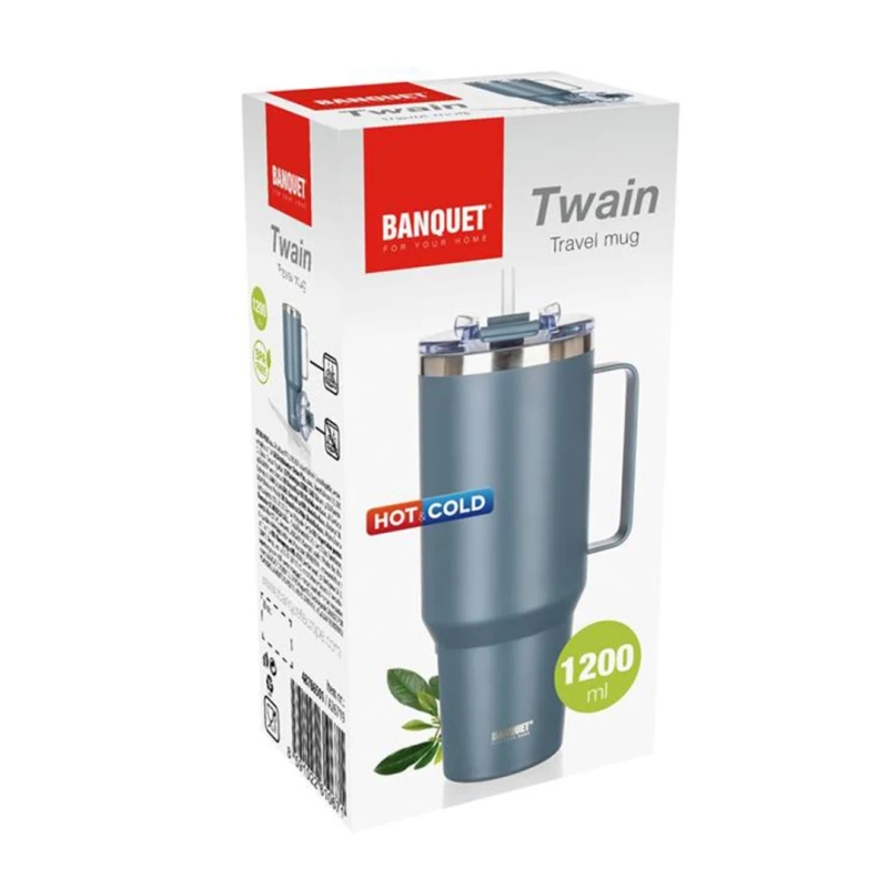 Kubek termiczny z rączką i słomką stalowy 1200ml BANQUET TWAIN SZARY