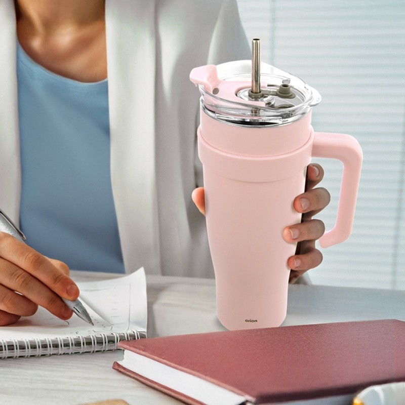 Kubek termiczny stalowy termos z rączką i słomką 1200ml RÓŻOWY