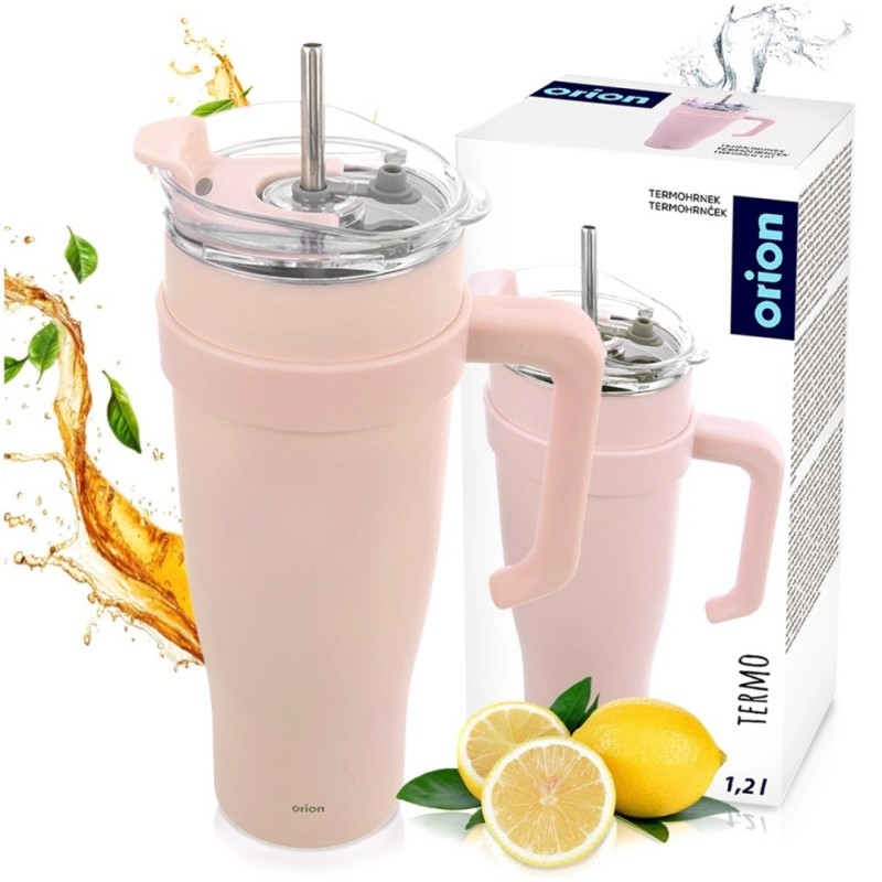Kubek termiczny stalowy termos z rączką i słomką 1200ml RÓŻOWY