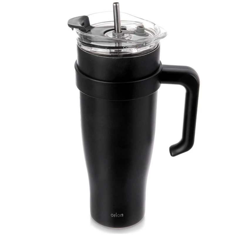 Kubek termiczny stalowy termos z rączką i słomką 1200ml CZARNY