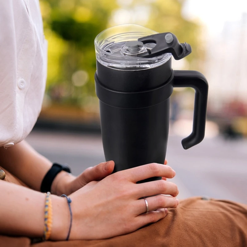 Kubek termiczny stalowy termos z rączką i słomką 1200ml CZARNY