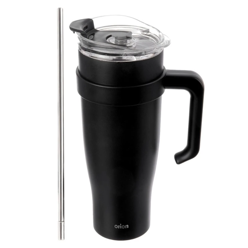 Kubek termiczny stalowy termos z rączką i słomką 1200ml CZARNY
