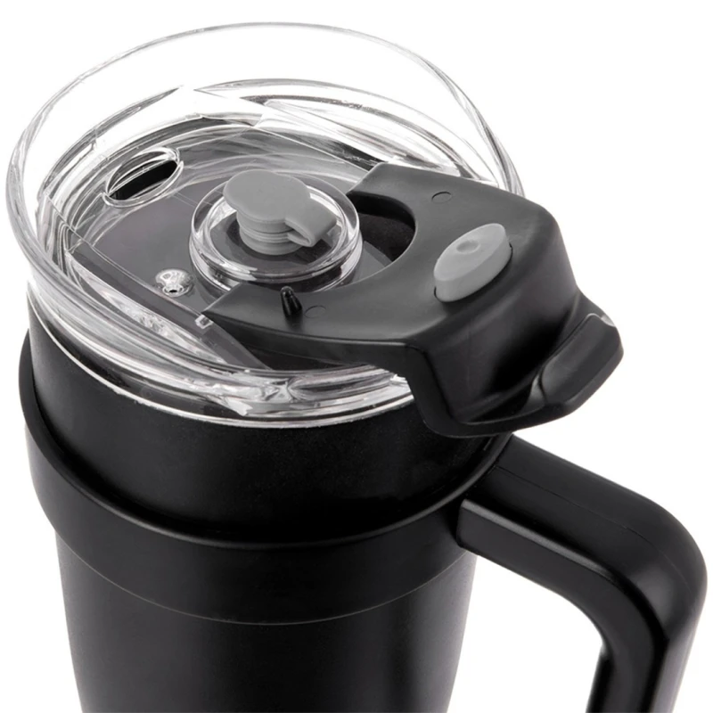 Kubek termiczny stalowy termos z rączką i słomką 1200ml CZARNY
