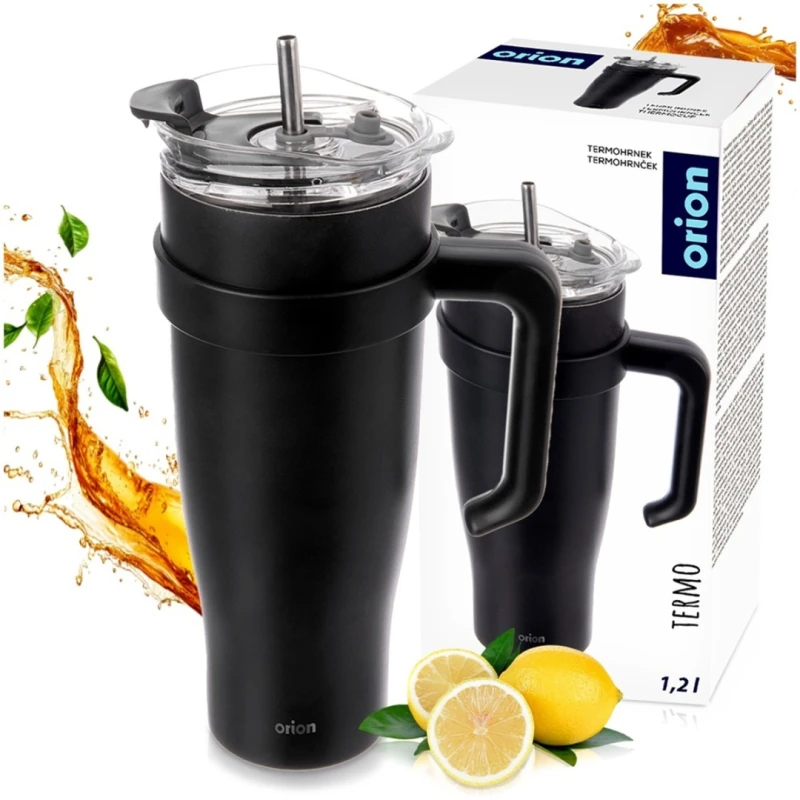 Kubek termiczny stalowy termos z rączką i słomką 1200ml CZARNY