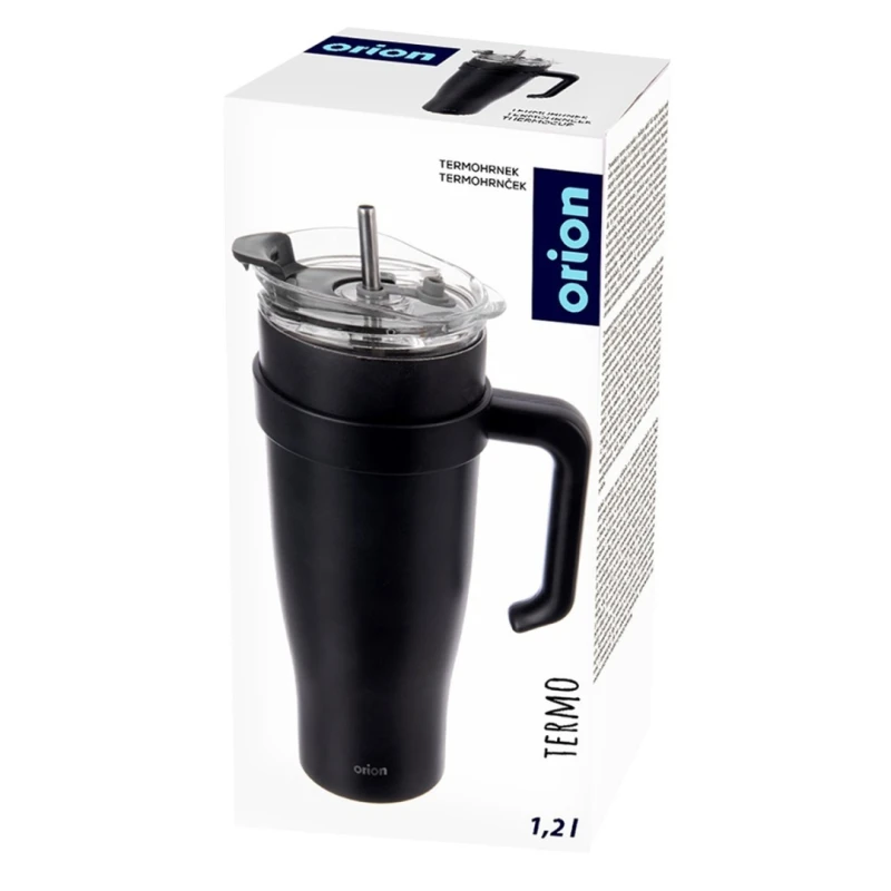 Kubek termiczny stalowy termos z rączką i słomką 1200ml CZARNY