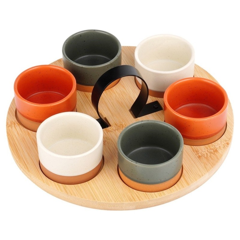 Zestaw 6 miseczek na drewnianej tacy do serwowania sosów przekąsek