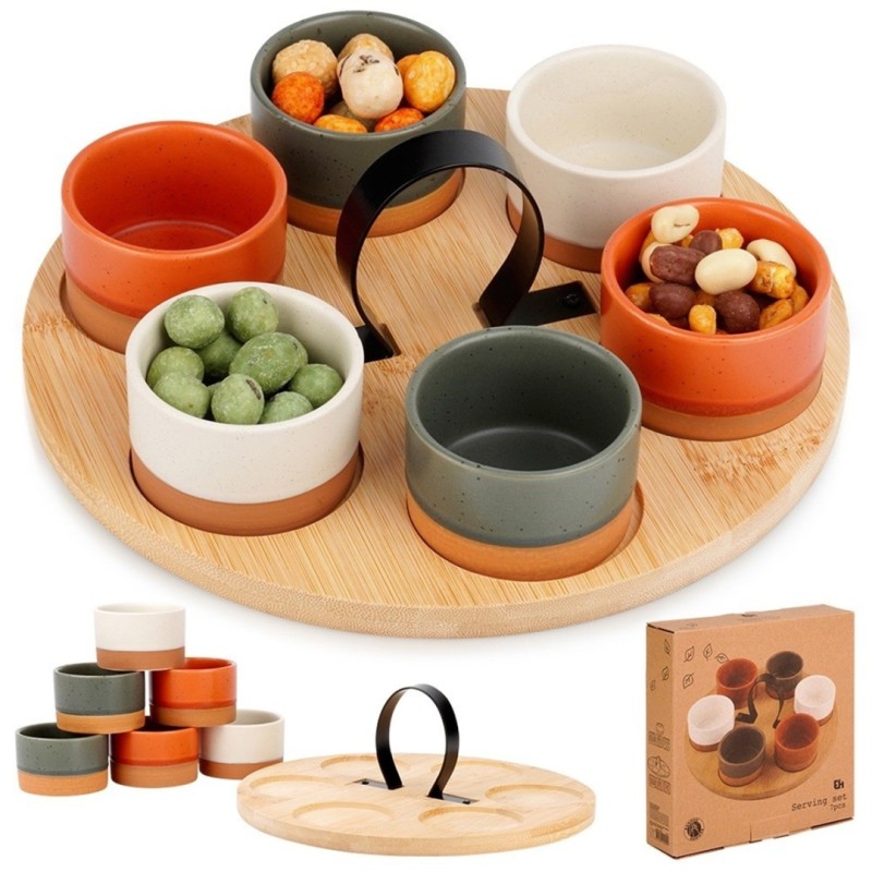 Zestaw 6 miseczek na drewnianej tacy do serwowania sosów przekąsek