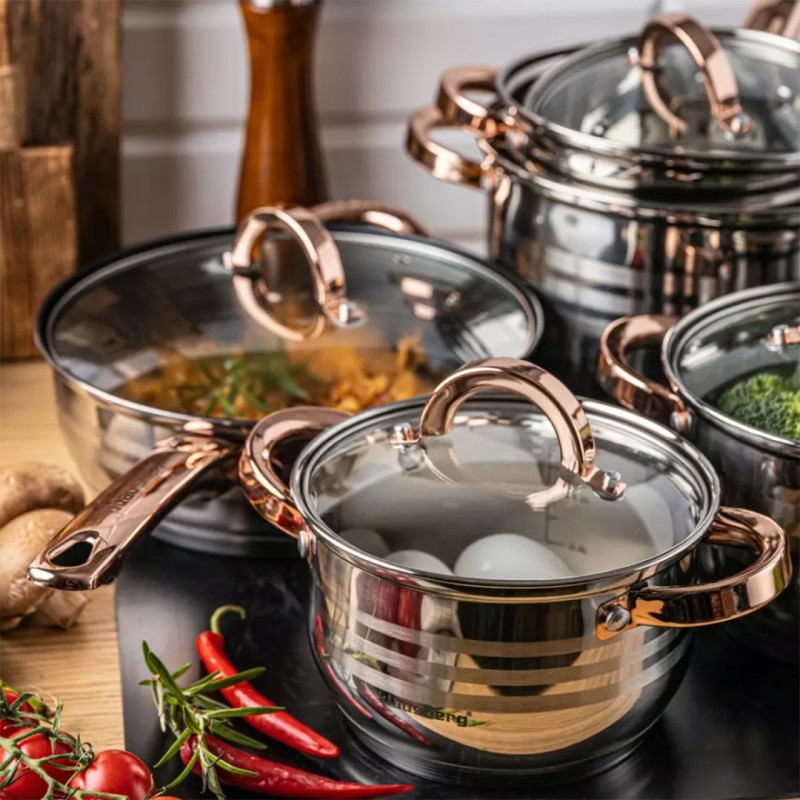 Zestaw garnków ze stali nierdzewnej 12 elem. KLAUSBERG uchwyty różowe złoto