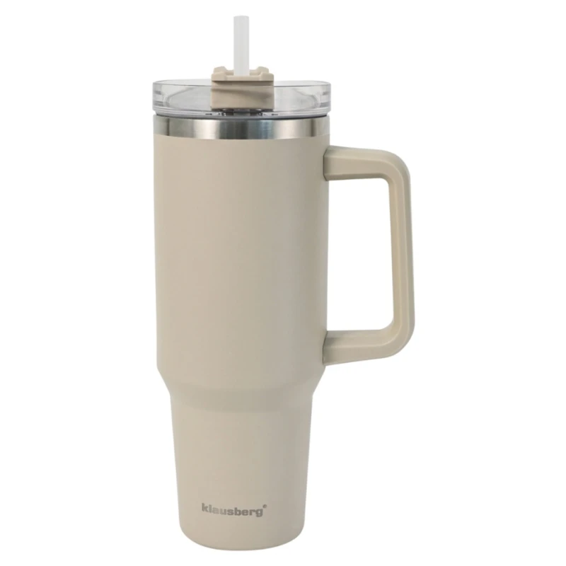 Kubek termiczny stalowy termos z rączką i słomką 1100ml KLAUSBERG beżowy