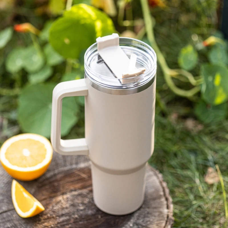 Kubek termiczny stalowy termos z rączką i słomką 1100ml KLAUSBERG beżowy