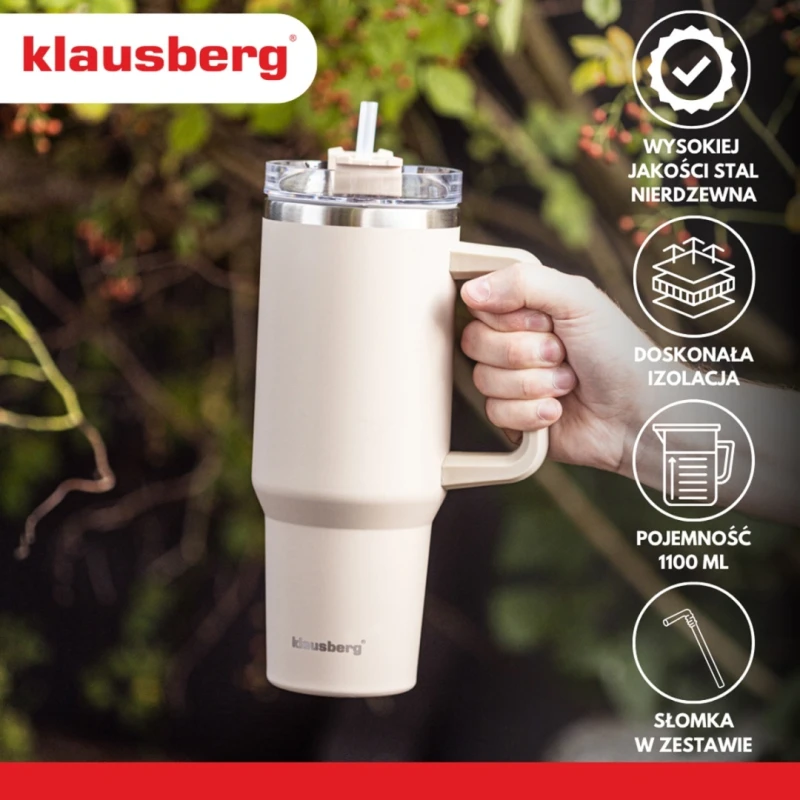 Kubek termiczny stalowy termos z rączką i słomką 1100ml KLAUSBERG beżowy