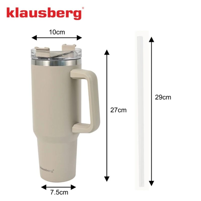 Kubek termiczny stalowy termos z rączką i słomką 1100ml KLAUSBERG beżowy