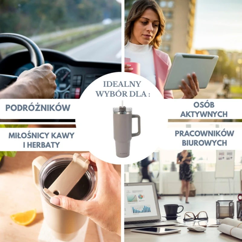 Kubek termiczny stalowy termos z rączką i słomką 1100ml KLAUSBERG beżowy