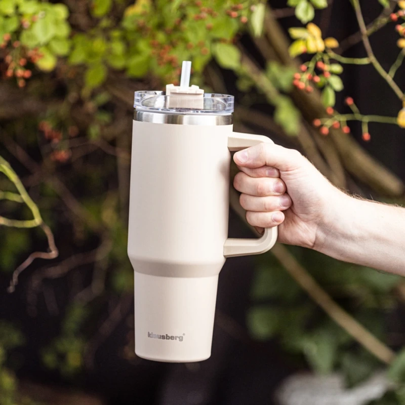 Kubek termiczny stalowy termos z rączką i słomką 1100ml KLAUSBERG beżowy
