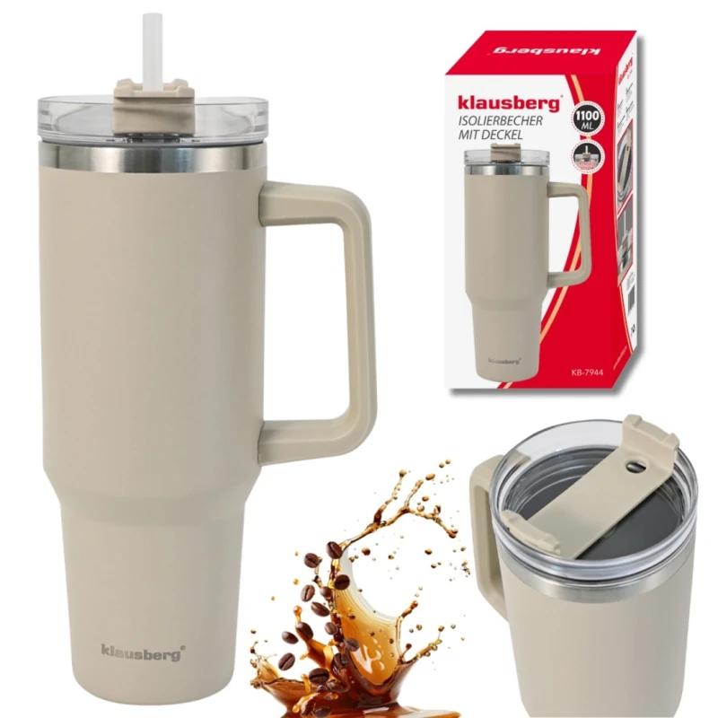 Kubek termiczny stalowy termos z rączką i słomką 1100ml KLAUSBERG beżowy