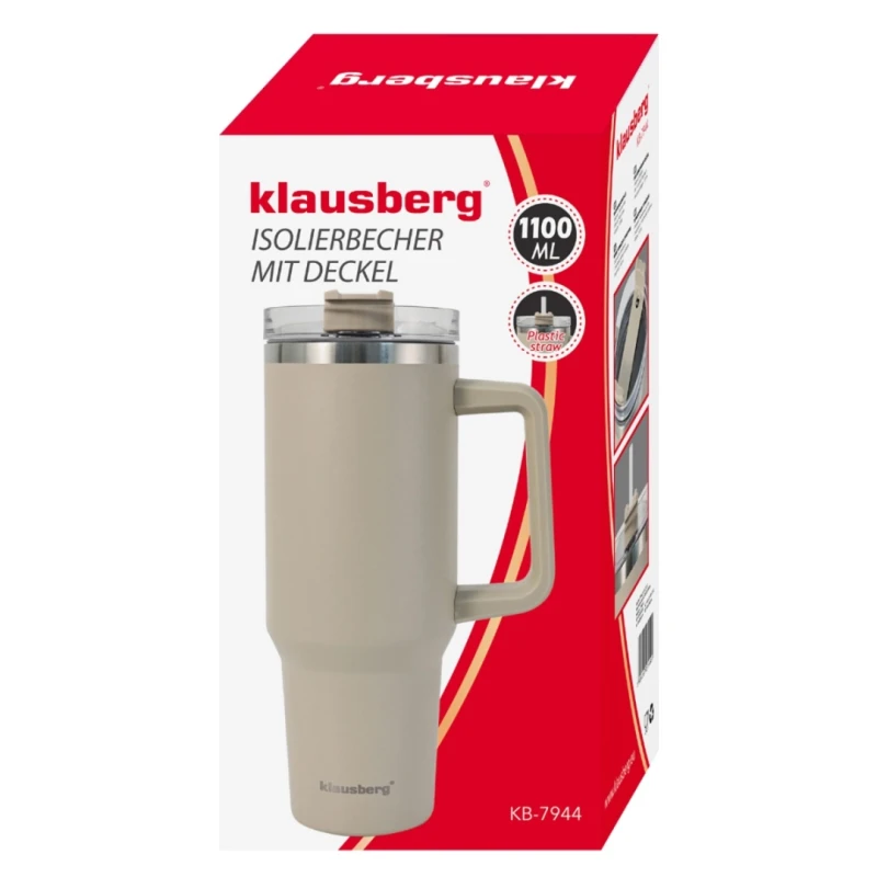 Kubek termiczny stalowy termos z rączką i słomką 1100ml KLAUSBERG beżowy