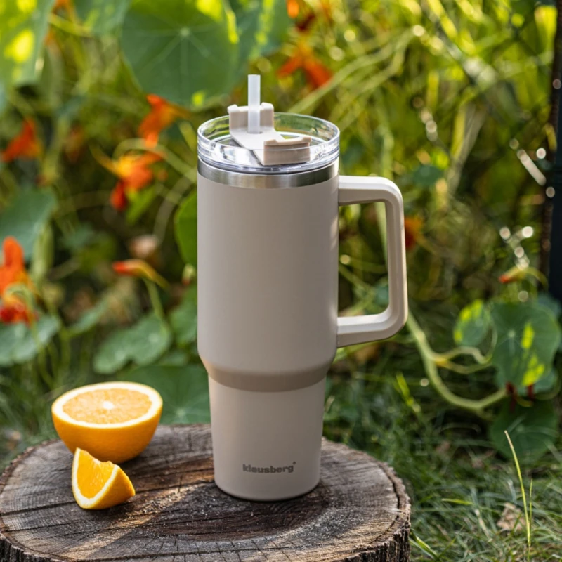 Kubek termiczny stalowy termos z rączką i słomką 1100ml KLAUSBERG szary