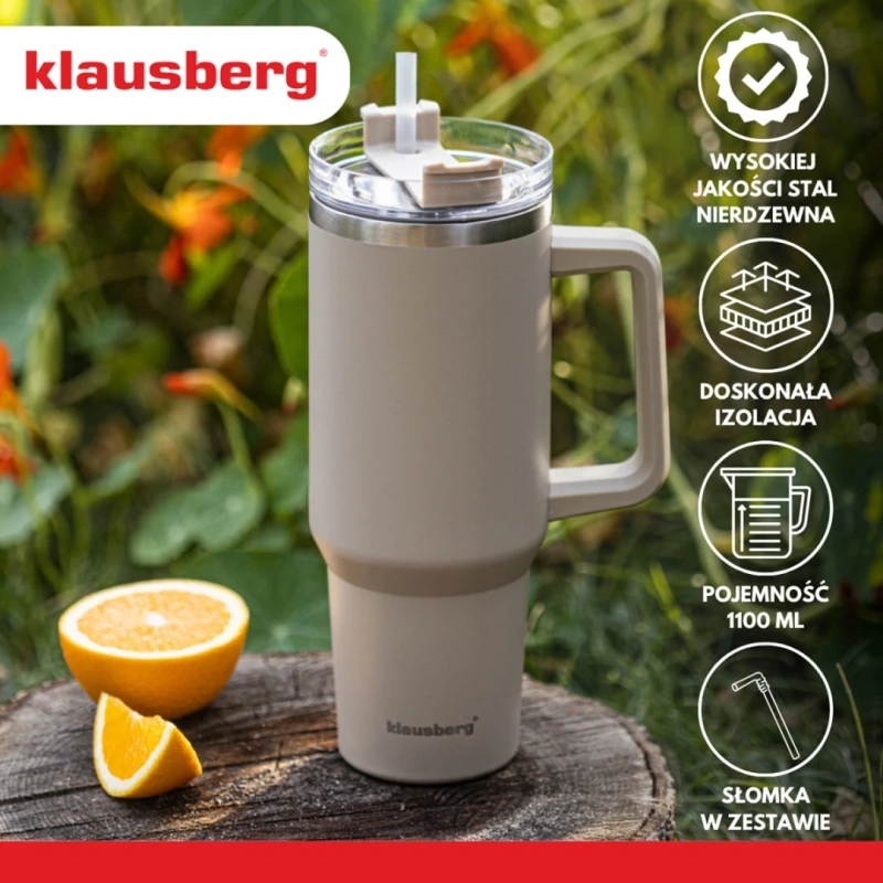 Kubek termiczny stalowy termos z rączką i słomką 1100ml KLAUSBERG szary