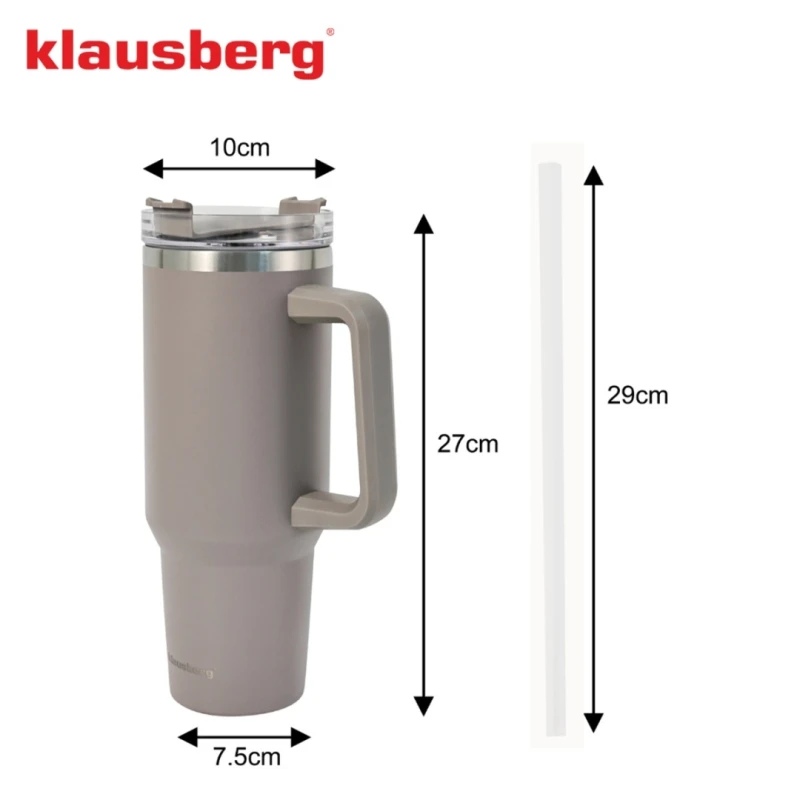 Kubek termiczny stalowy termos z rączką i słomką 1100ml KLAUSBERG szary