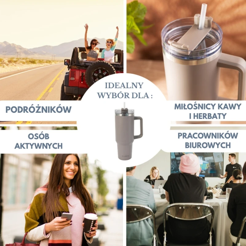 Kubek termiczny stalowy termos z rączką i słomką 1100ml KLAUSBERG szary