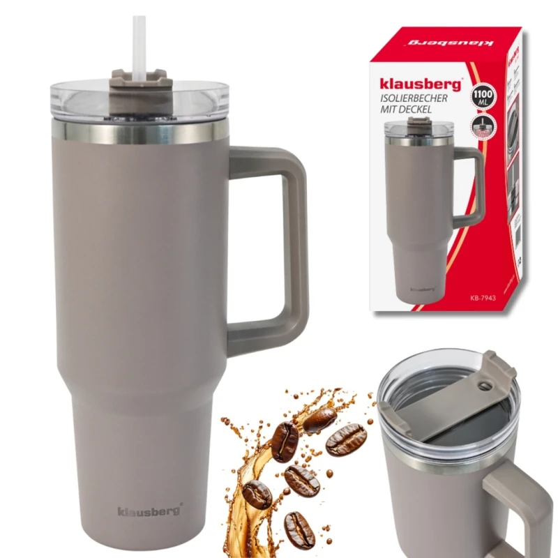 Kubek termiczny stalowy termos z rączką i słomką 1100ml KLAUSBERG szary