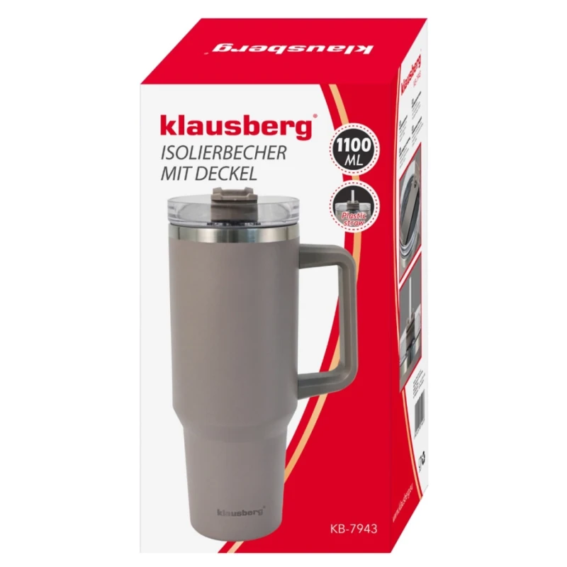 Kubek termiczny stalowy termos z rączką i słomką 1100ml KLAUSBERG szary