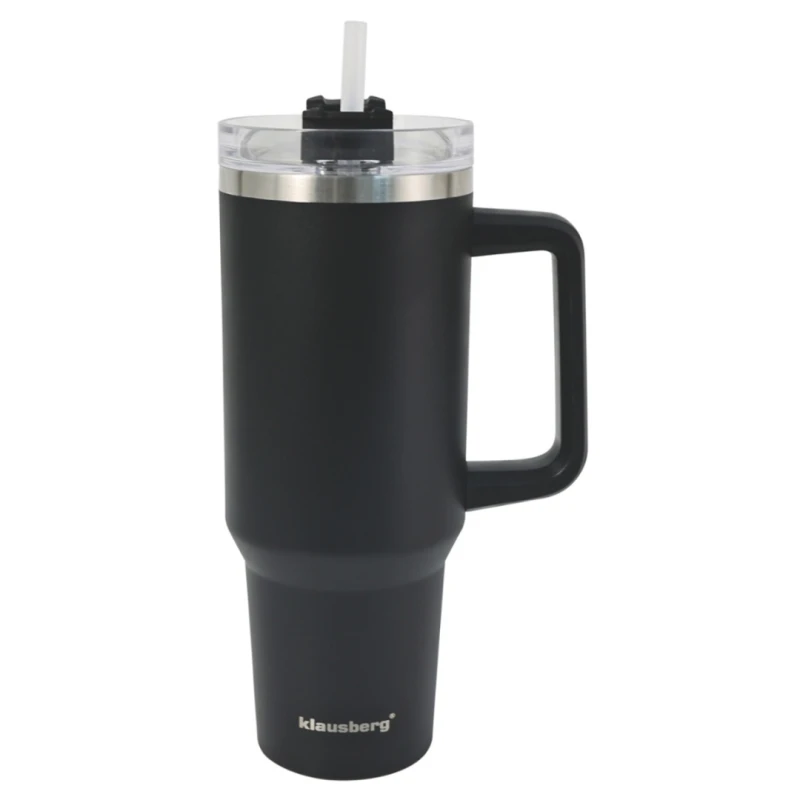 Kubek termiczny stalowy termos z rączką i słomką 1100ml KLAUSBERG czarny