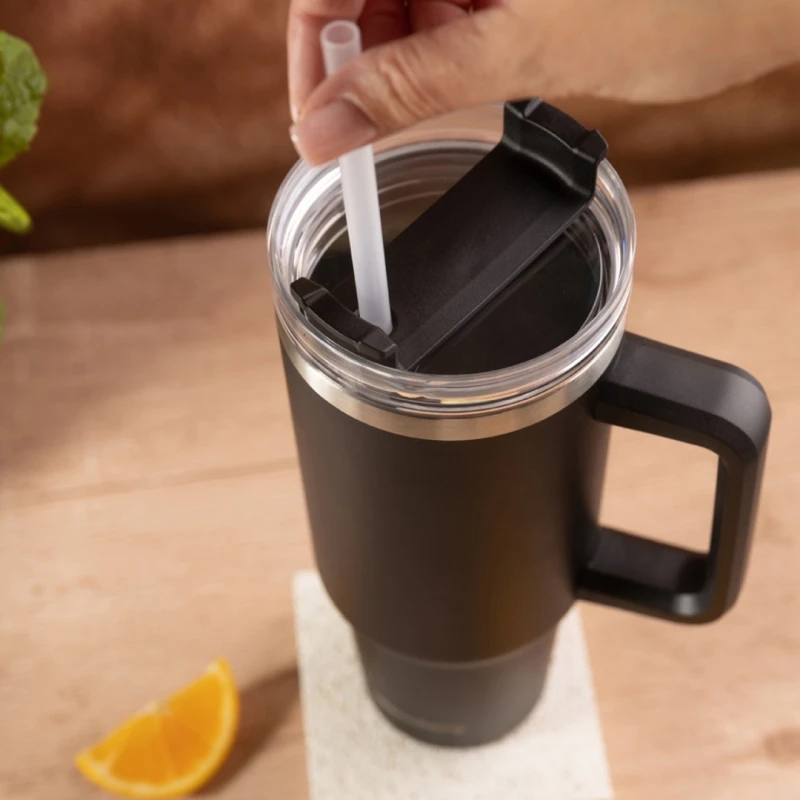 Kubek termiczny stalowy termos z rączką i słomką 1100ml KLAUSBERG czarny