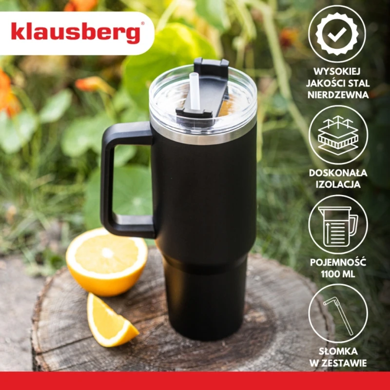 Kubek termiczny stalowy termos z rączką i słomką 1100ml KLAUSBERG czarny