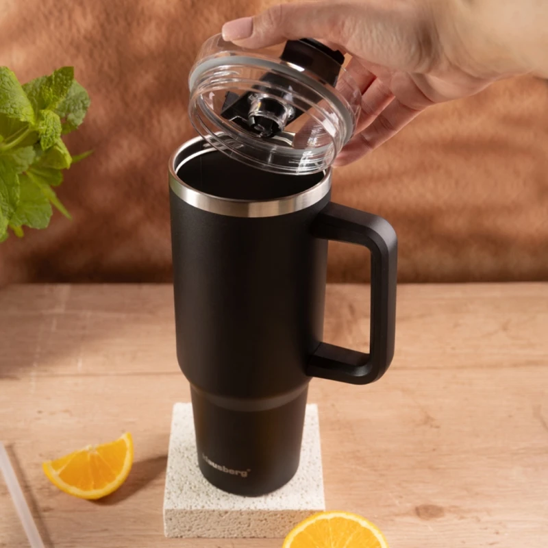 Kubek termiczny stalowy termos z rączką i słomką 1100ml KLAUSBERG czarny