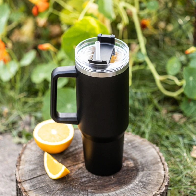 Kubek termiczny stalowy termos z rączką i słomką 1100ml KLAUSBERG czarny