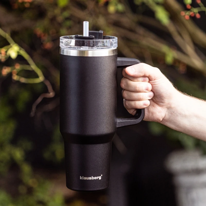 Kubek termiczny stalowy termos z rączką i słomką 1100ml KLAUSBERG czarny